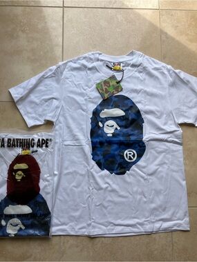 A Bathing Ape Kids' White T-Shirt with Blue Camo Ape Logo